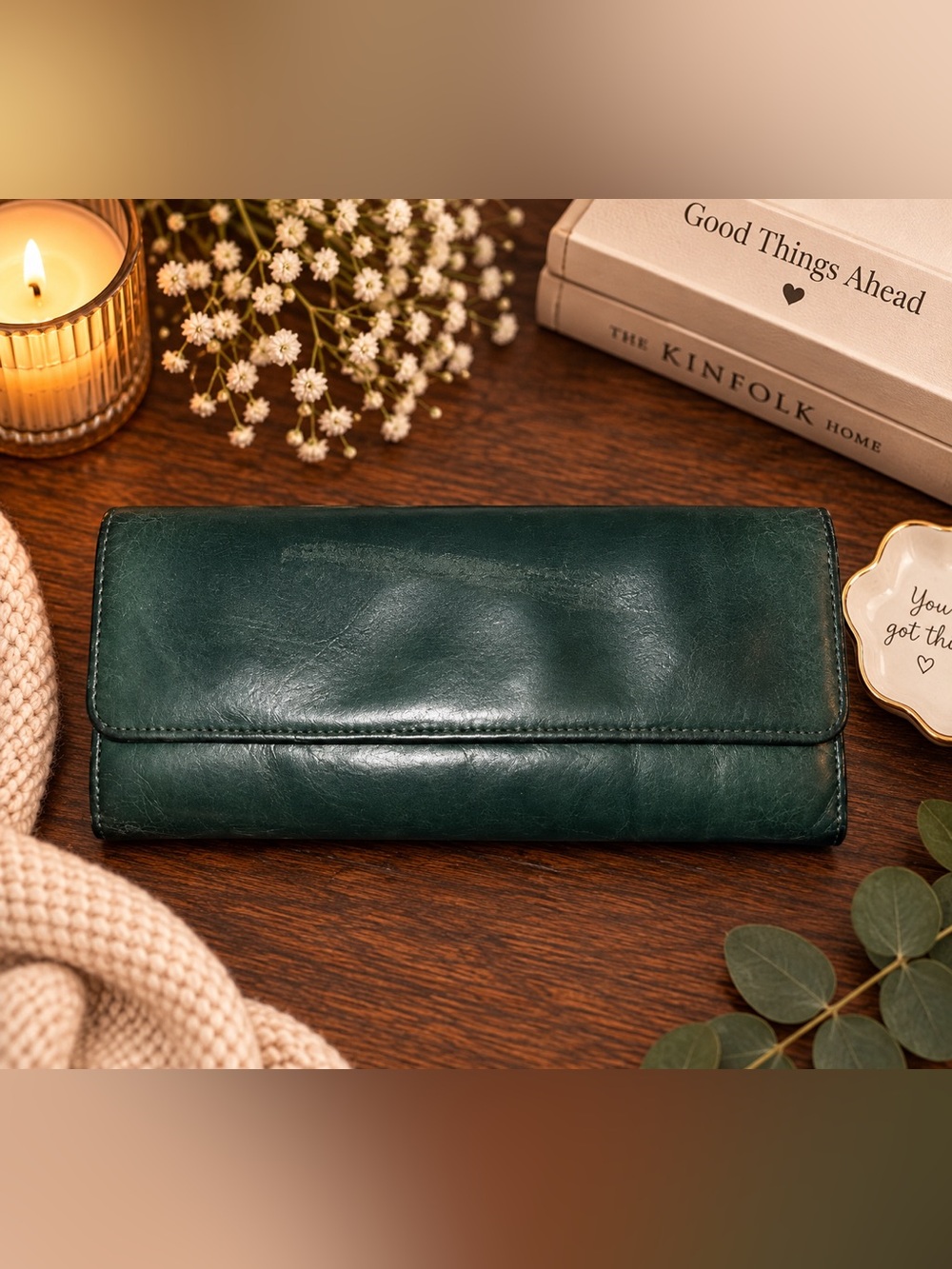 HOBO Dark Green Leather Continental Wallet with Floral Lining - Picture 2 of 4